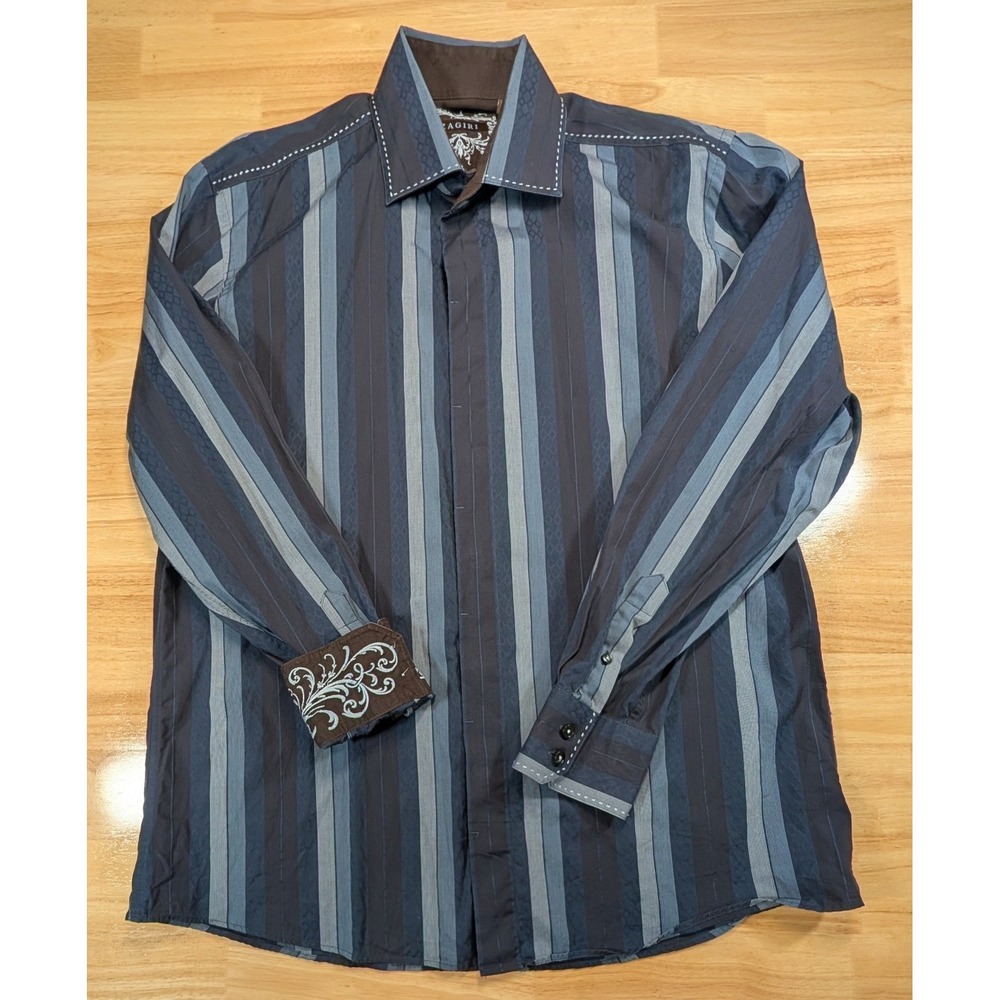 Zagiri Mens Large Button Up Shirt Blue Striped Jacquard Embroidered Cuffs L